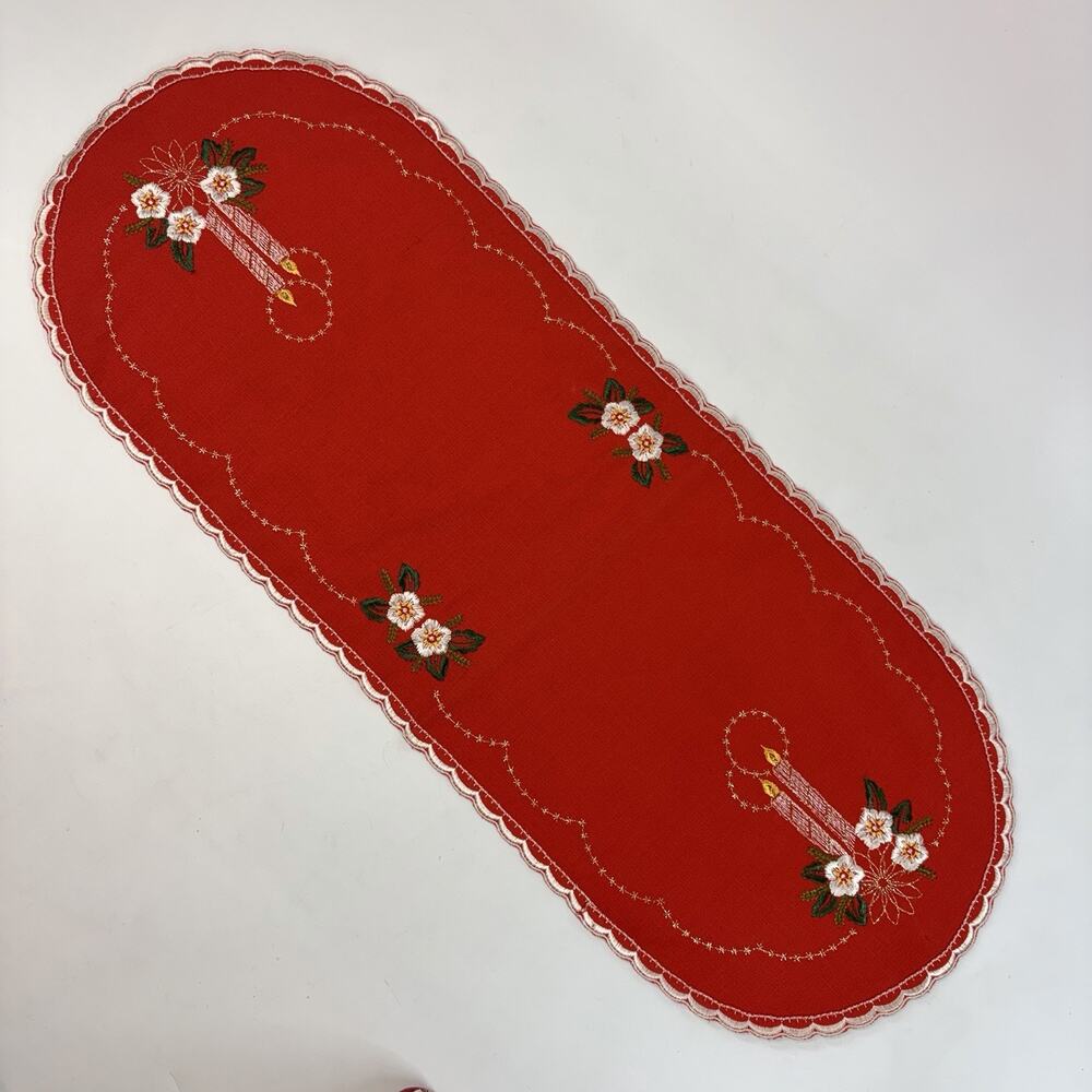 VTG W Germany Red Christmas Table Runner Embroidered Floral Candles Centerpiece